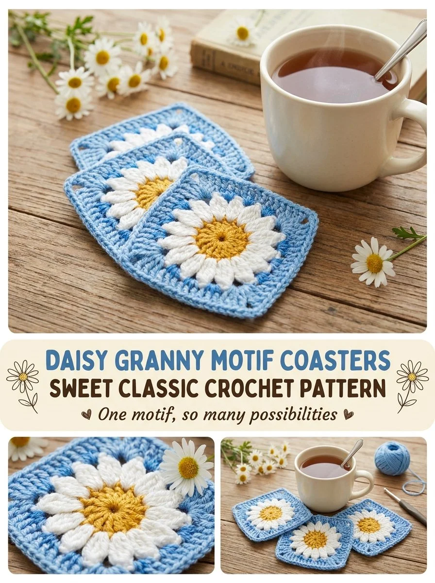 Daisy Granny Motif Coasters crochet pattern in vibrant colors