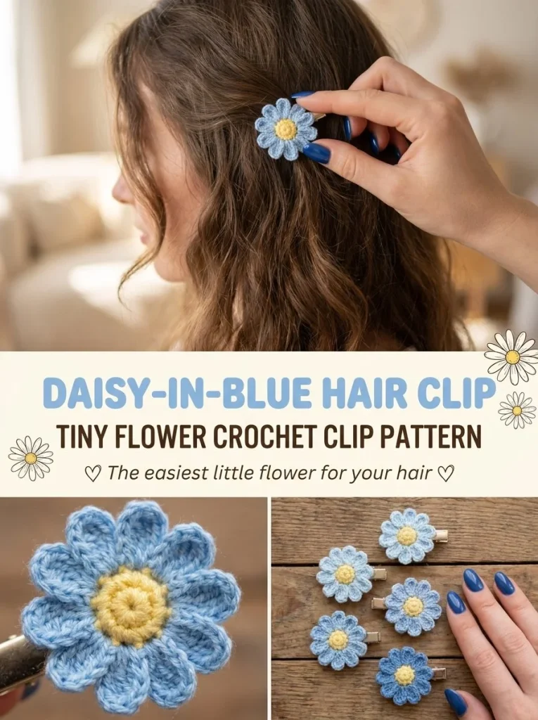 Daisy-in-Blue crochet hair clip pattern featuring a tiny flower design.