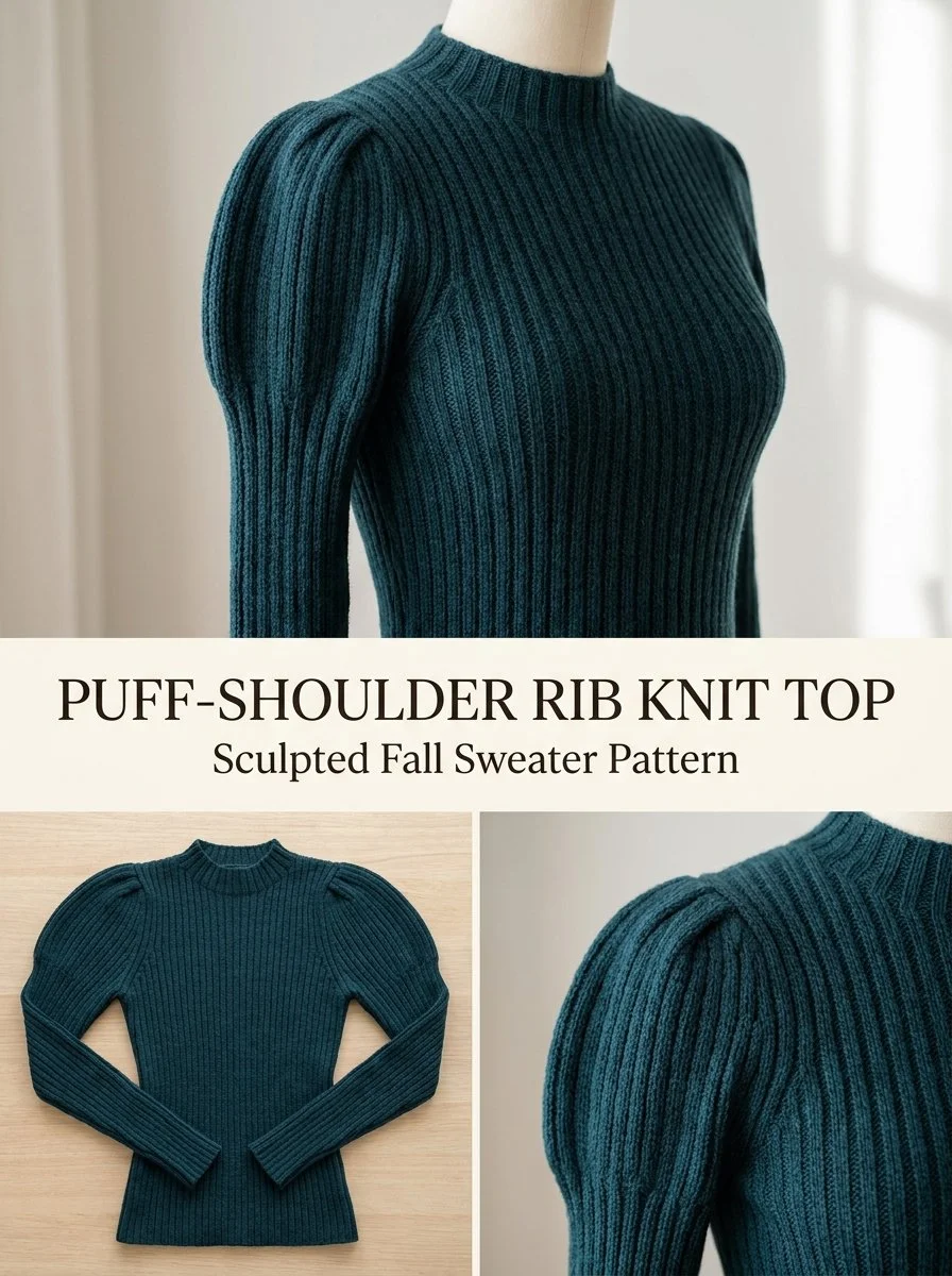Dark Teal Puff-Shoulder Rib Top for trendy women's fashion