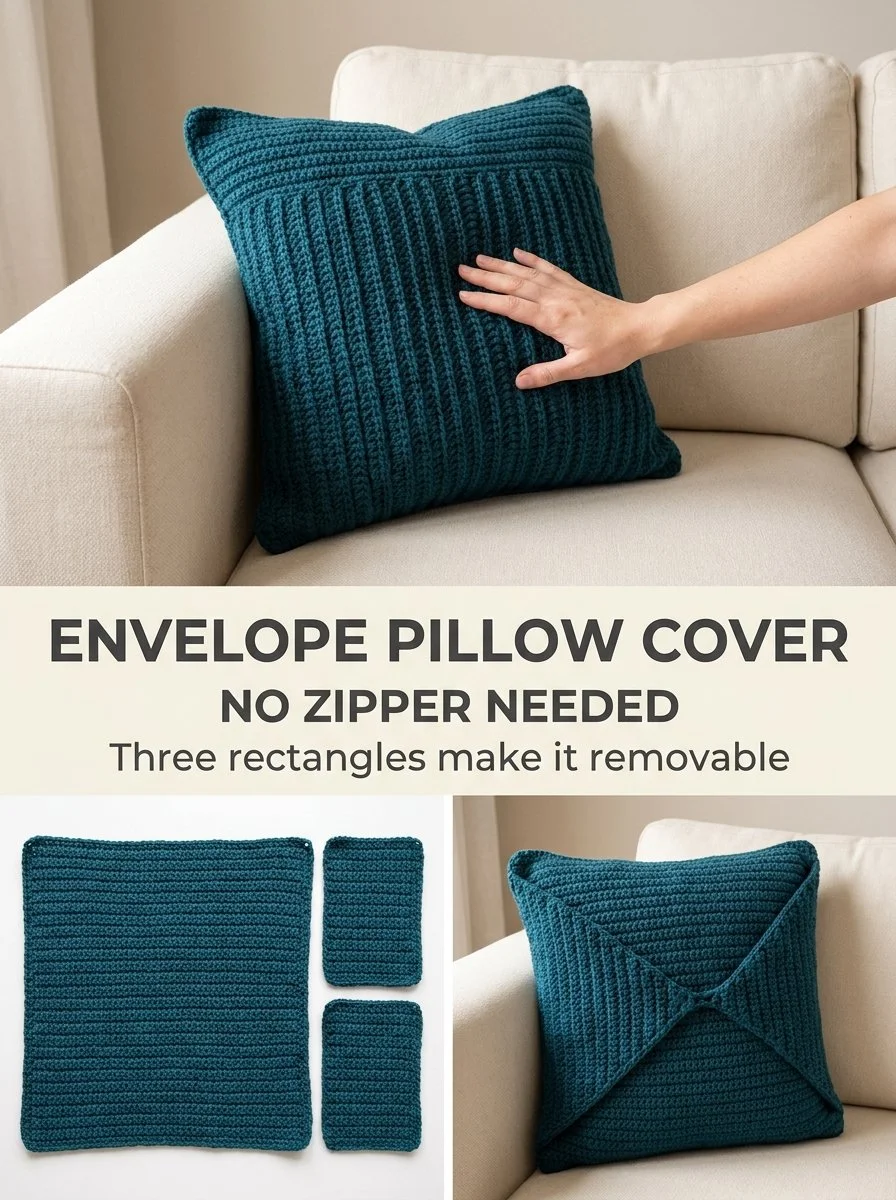 Deep Teal Envelope Crochet Pillow Cover - Easy Removable 18-Inch Design