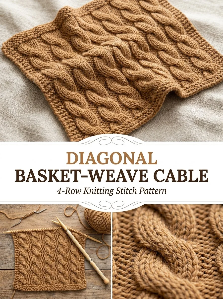 Diagonal basket-weave cable knit stitch example for knitting projects