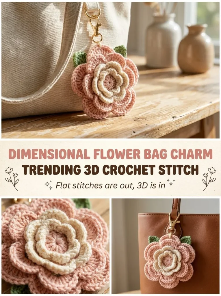 Dimensional Flower Bag Charm featuring a trendy 3D crochet design