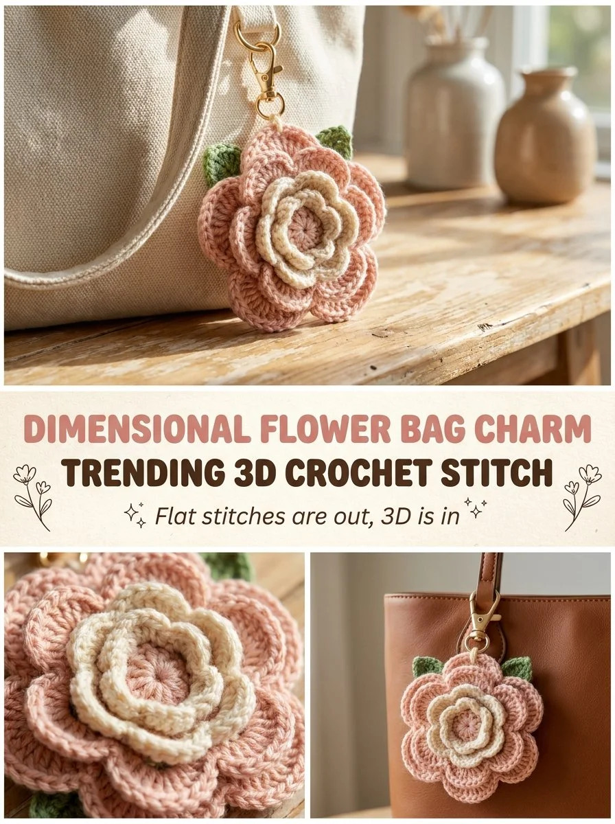 Dimensional Flower Bag Charm featuring a trendy 3D crochet design