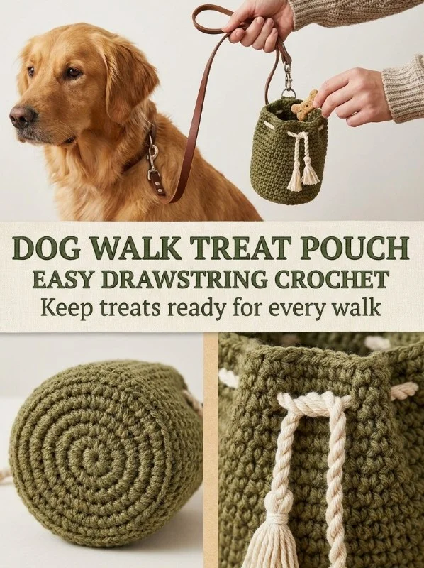 Crochet drawstring pouch for dog treats, perfect for walks and outings.
