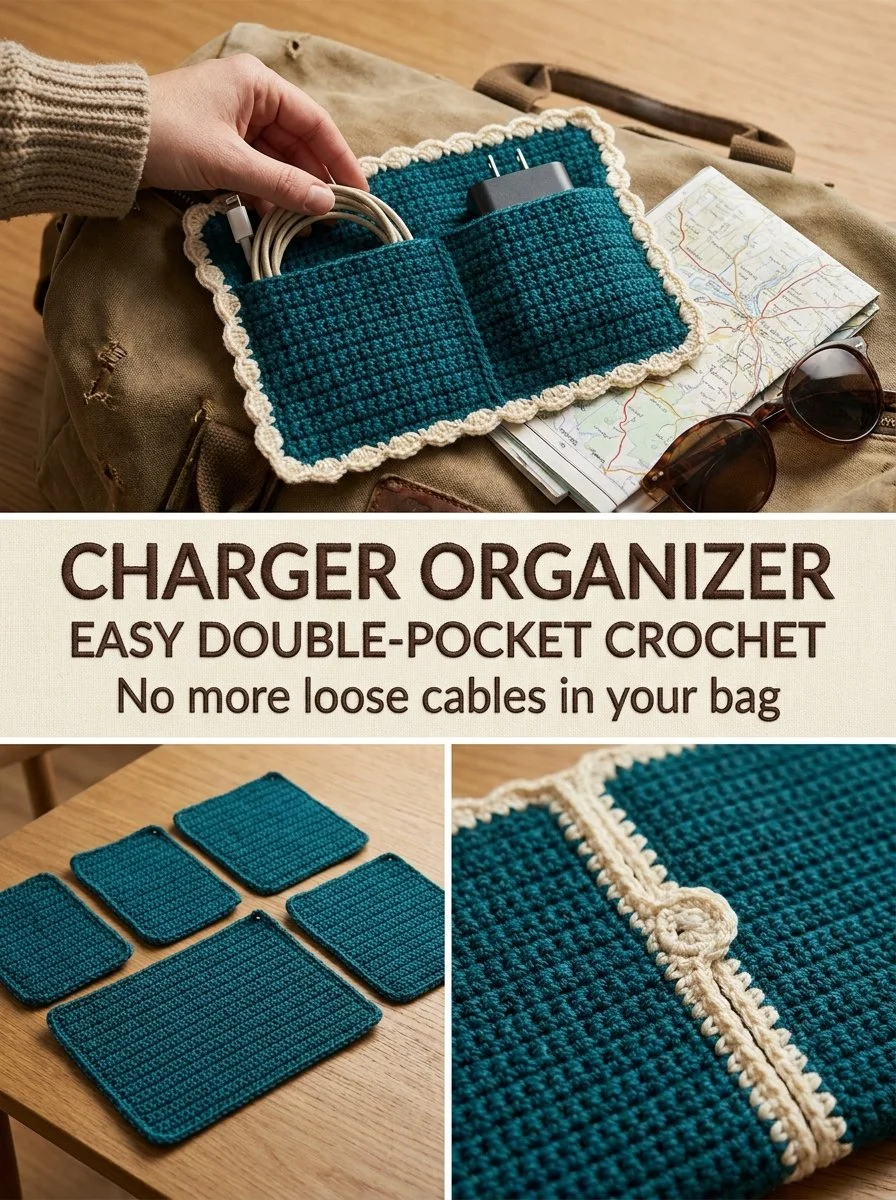 Double-Pocket Charger Organizer for storing cables and plugs in a crochet pouch