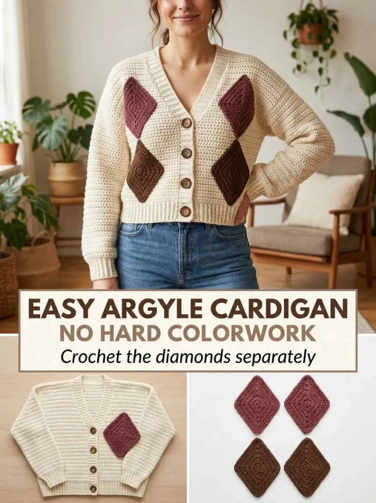 Easy argyle appliqué cardigan crochet pattern for beginners