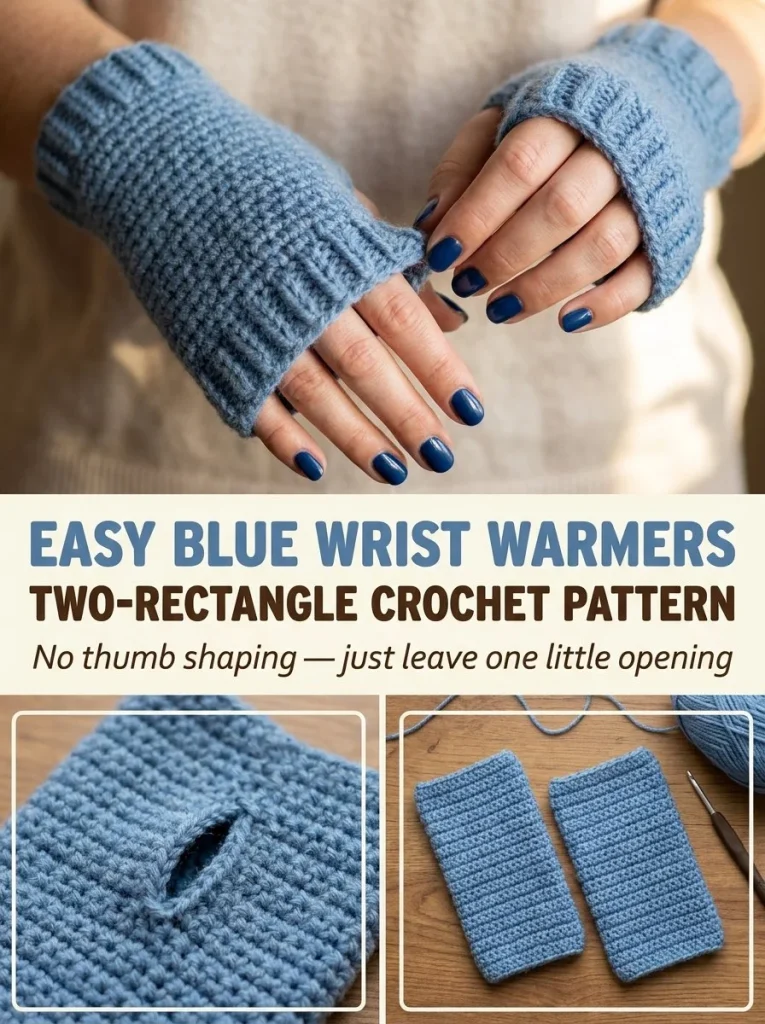 Easy blue fingerless wrist warmers crochet pattern in two rectangles