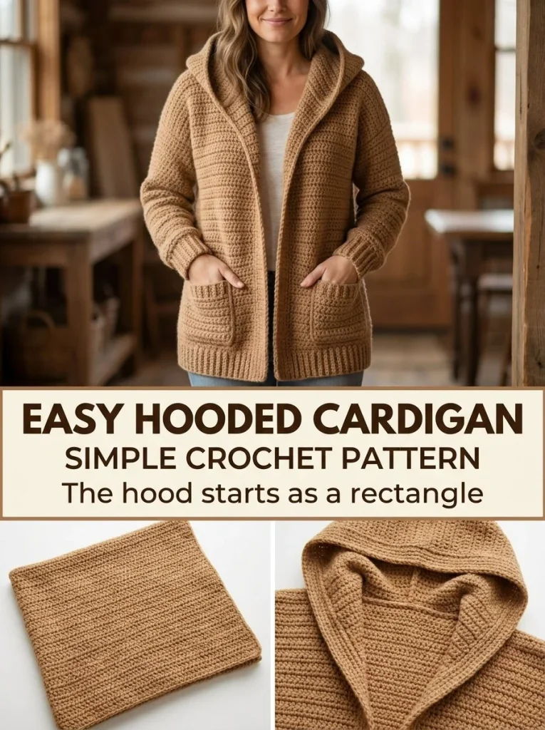 Easy hooded crochet cardigan pattern for beginners with pockets