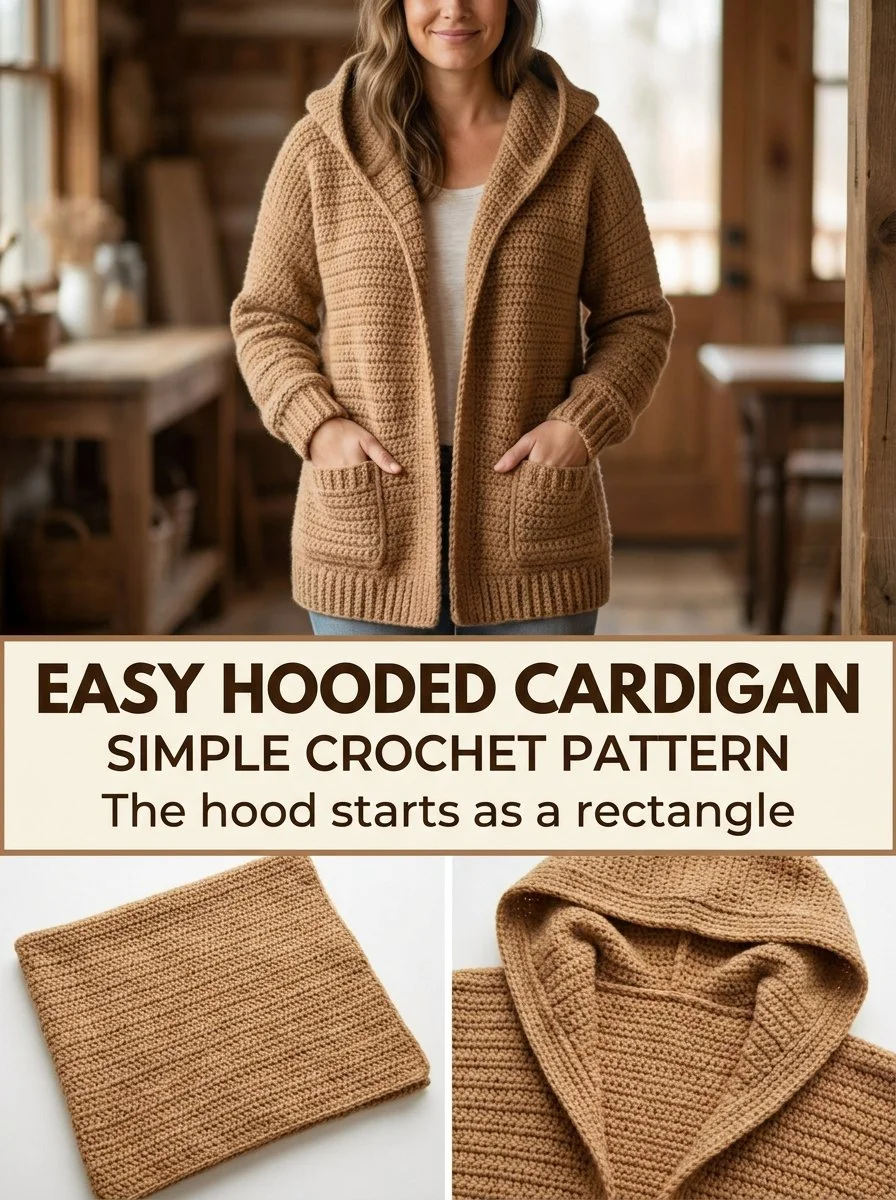 Easy hooded crochet cardigan pattern for beginners with pockets
