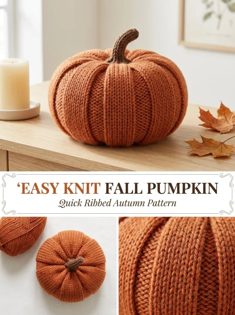 Easy ribbed knit pumpkin in soft yarn, perfect for fall decoration