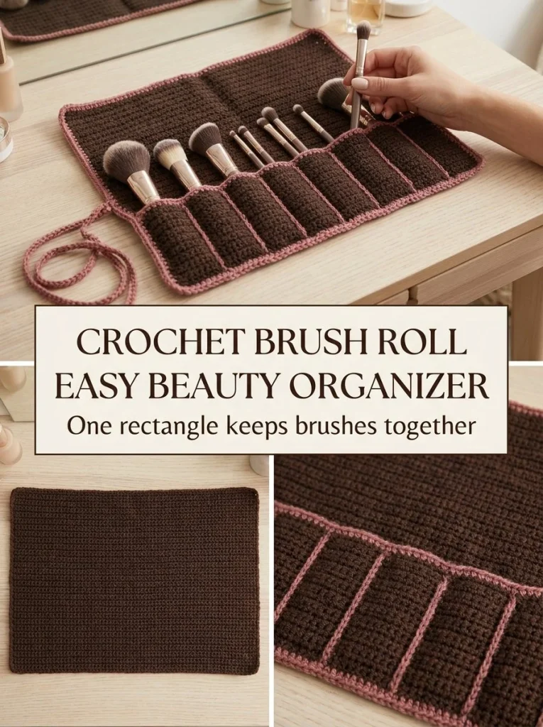 Espresso Crochet Makeup Brush Roll - a stylish eight-slot beauty organizer for brushes