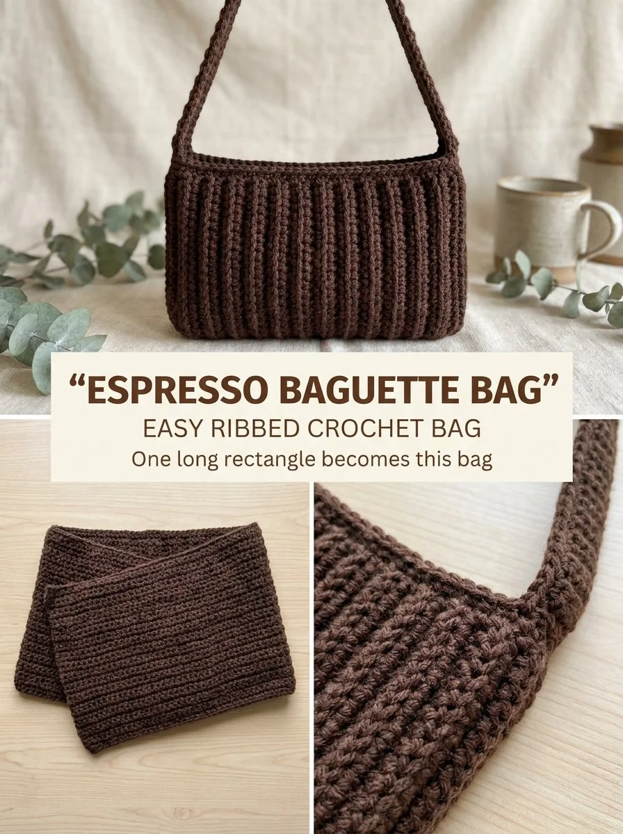Crochet shoulder bag in espresso ribbed design, showcasing craftsmanship and style.