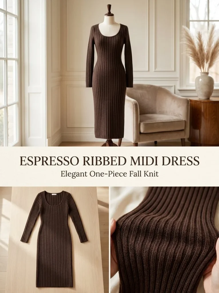 Espresso ribbed midi dress, perfect for stylish occasions and comfortable wear.