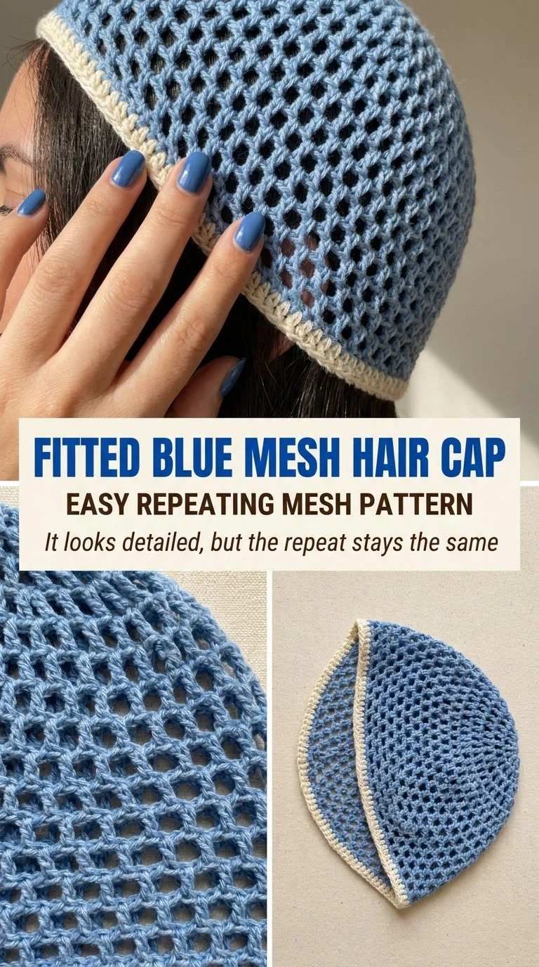 Fitted blue mesh hair cap with an easy repeating mesh pattern
