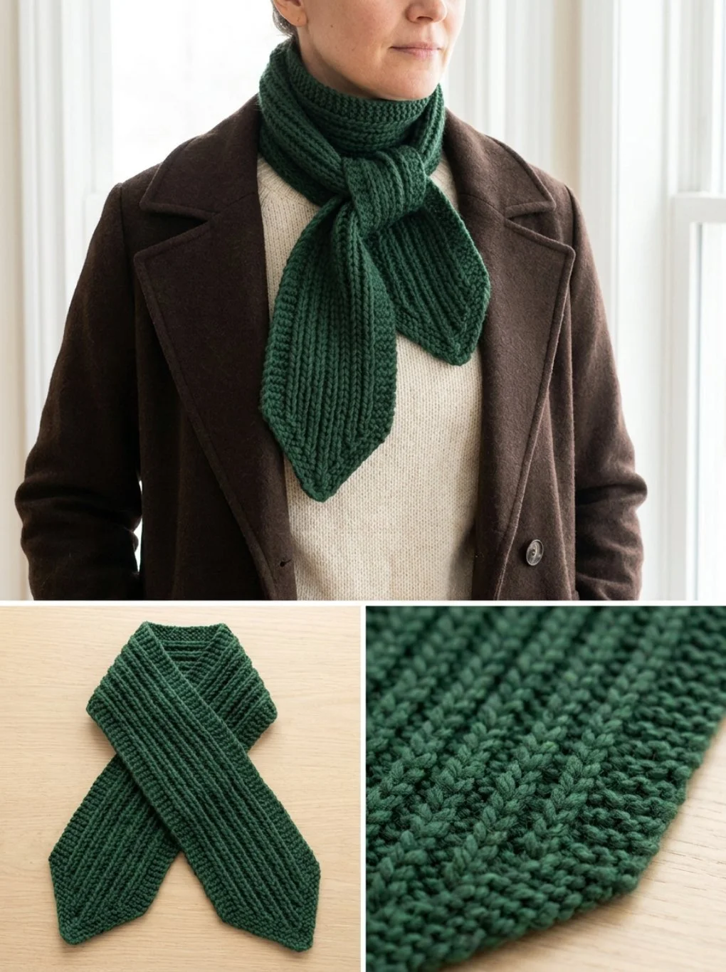 Forest Chunky Texture Scarf knitting pattern on a wooden table with yarn.