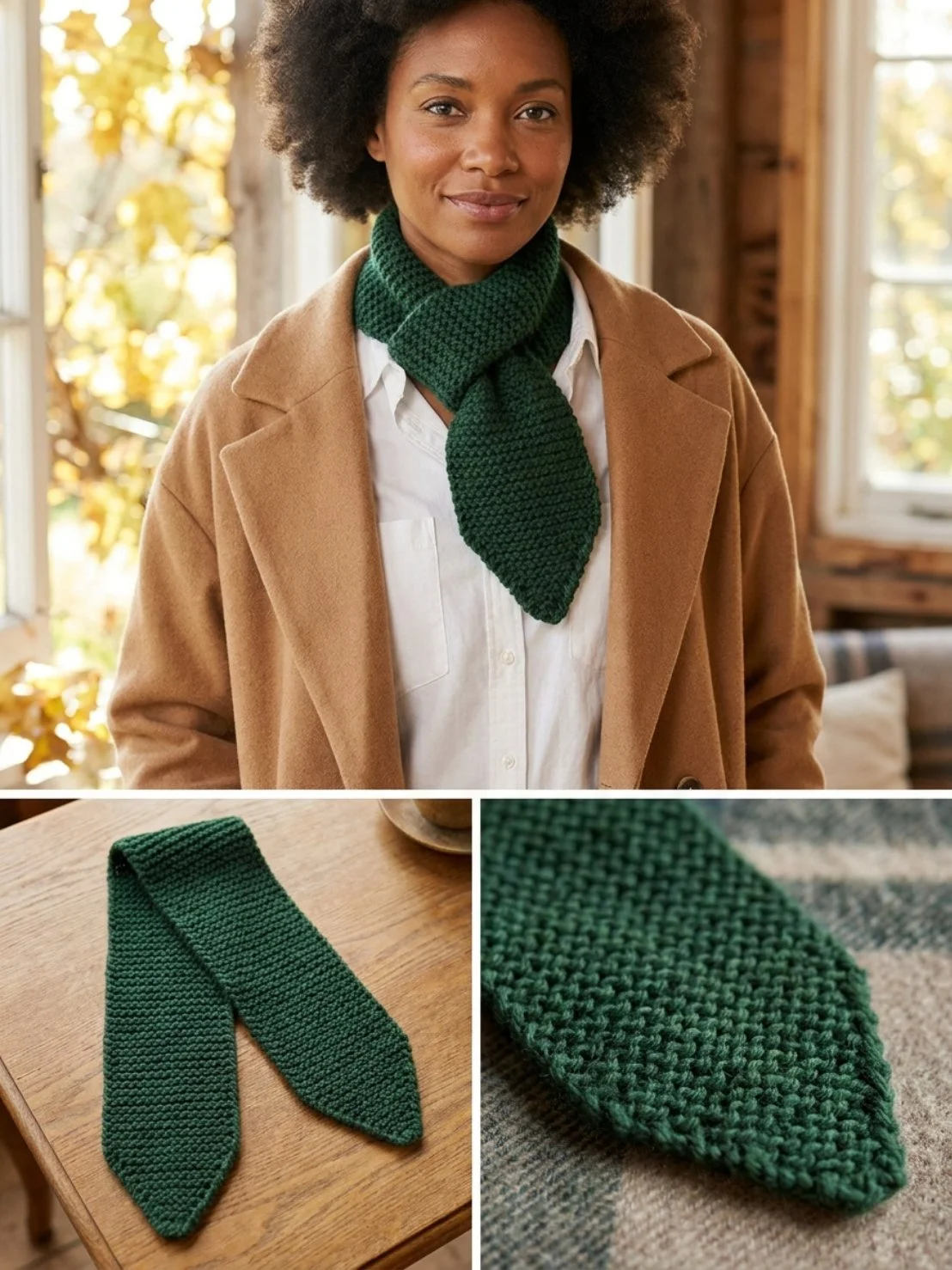 Forest Green Pointed Mini Scarf knitting pattern for cozy accessories