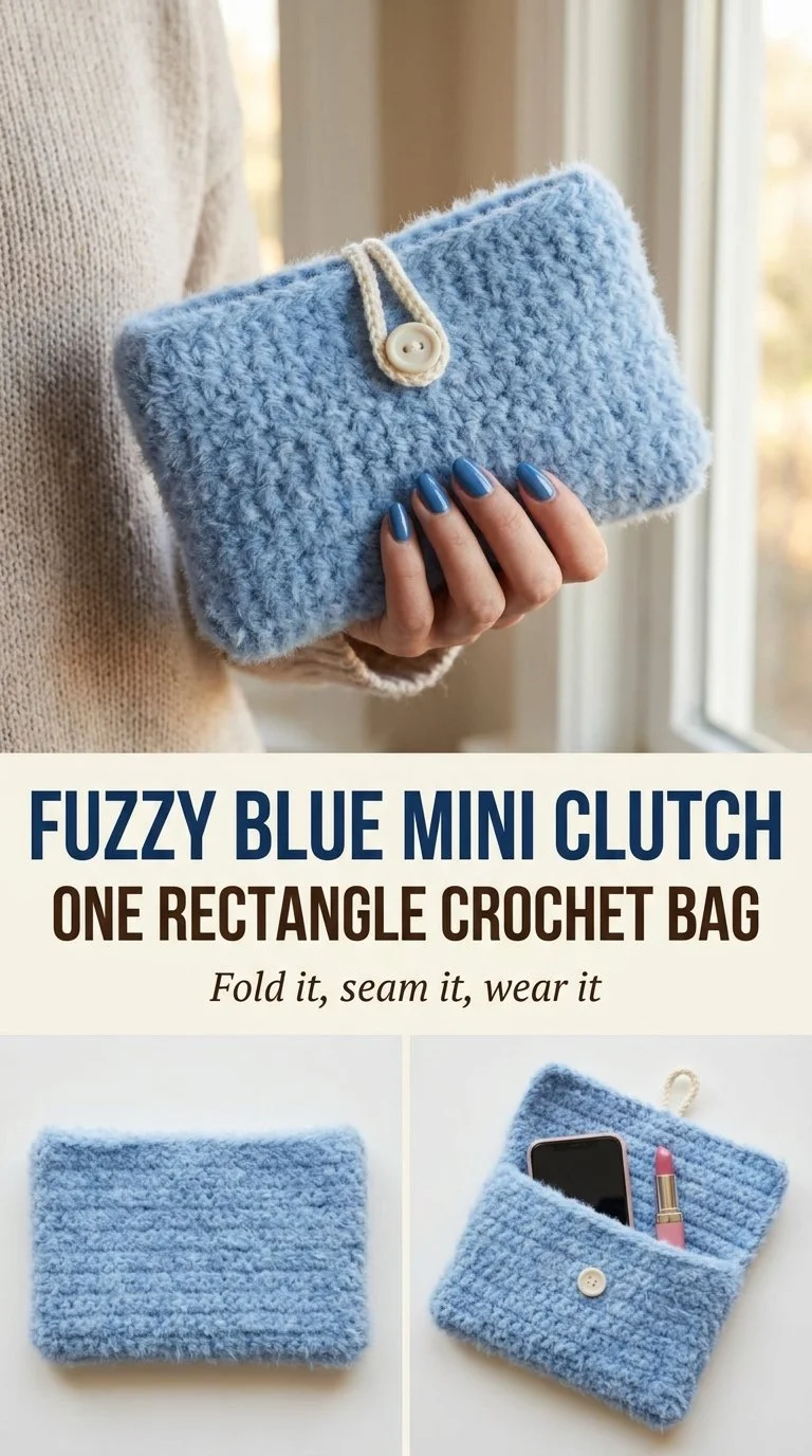 Fuzzy Blue Mini Clutch crochet bag pattern displayed elegantly