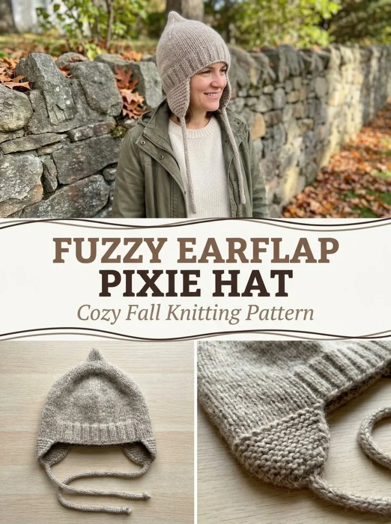 Fuzzy Earflap Pixie Hat Knitting Pattern displayed with colorful yarn.