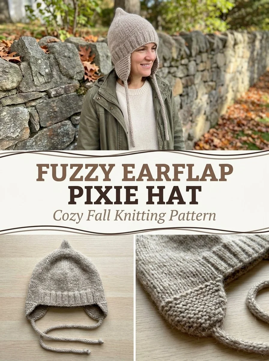 Fuzzy Earflap Pixie Hat Knitting Pattern displayed with colorful yarn.