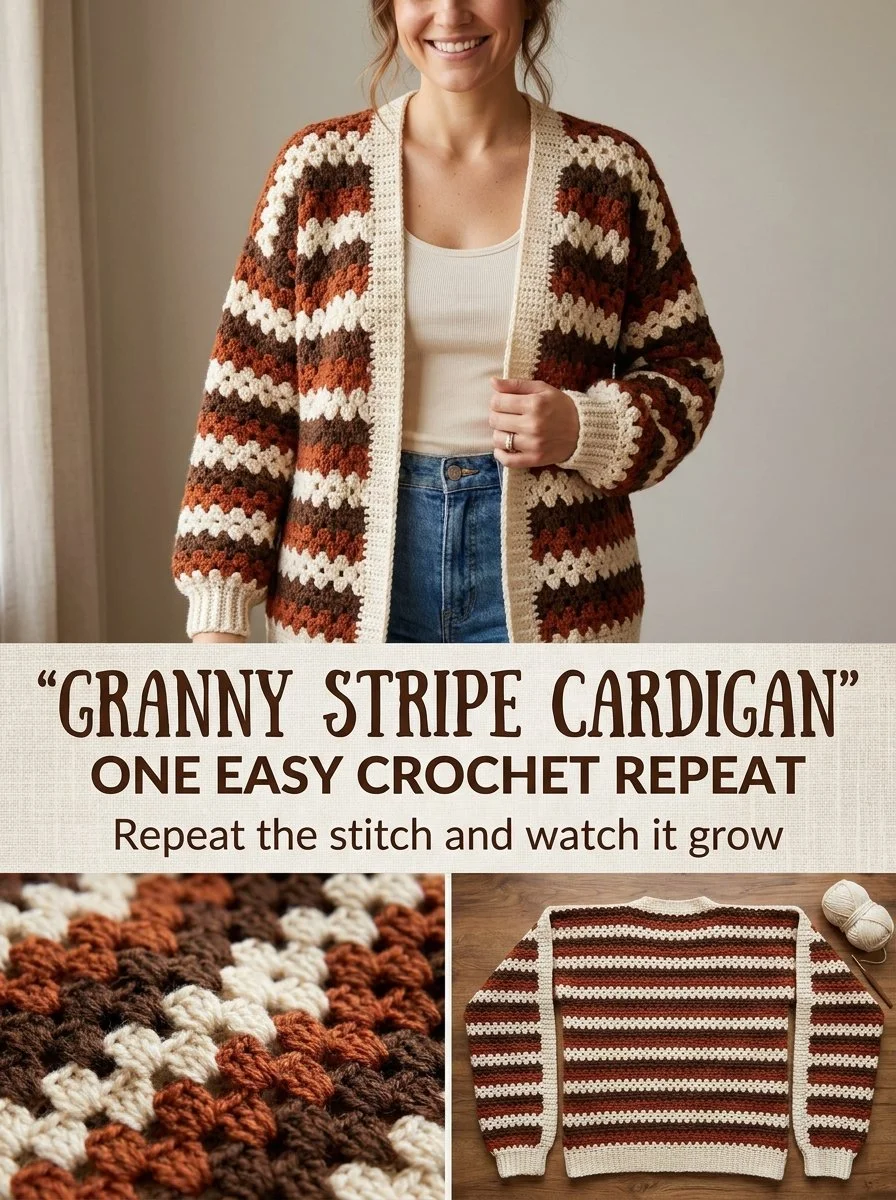 Granny Stripe Crochet cardigan showcasing a colorful granny stitch pattern