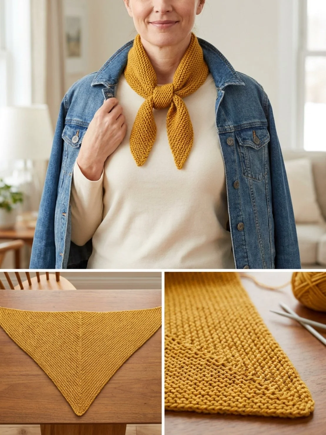 Harvest Gold Triangle Kerchief knitting pattern showcasing a stylish design.