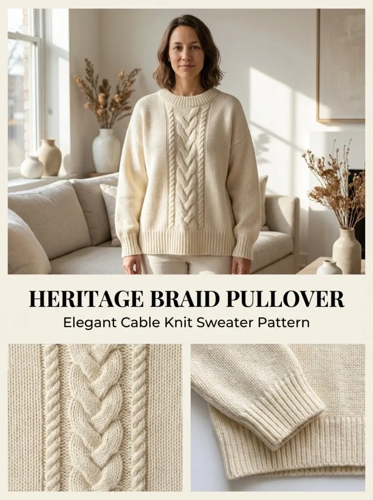 Heritage Braid Pullover knitting pattern showcasing a cozy, stylish design.