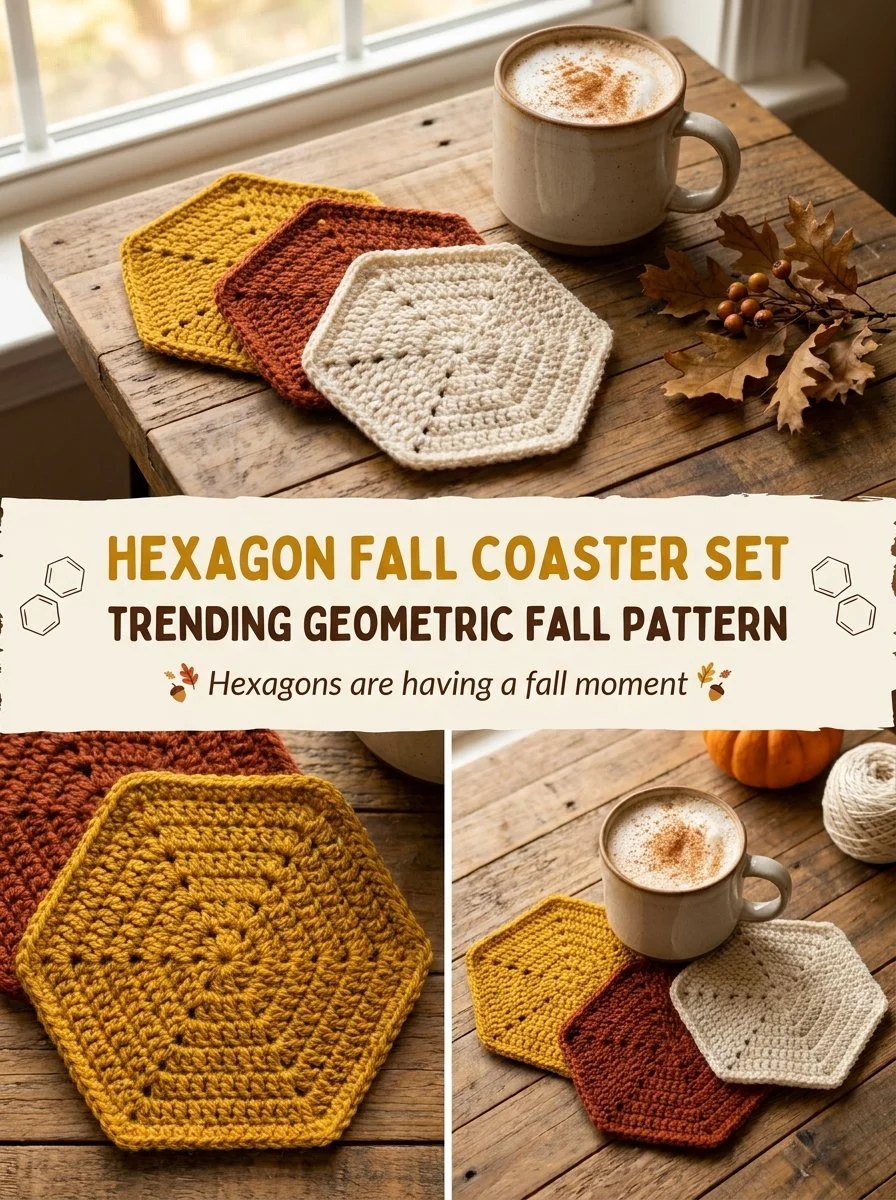 Hexagon fall coaster set showcasing trendy geometric crochet pattern