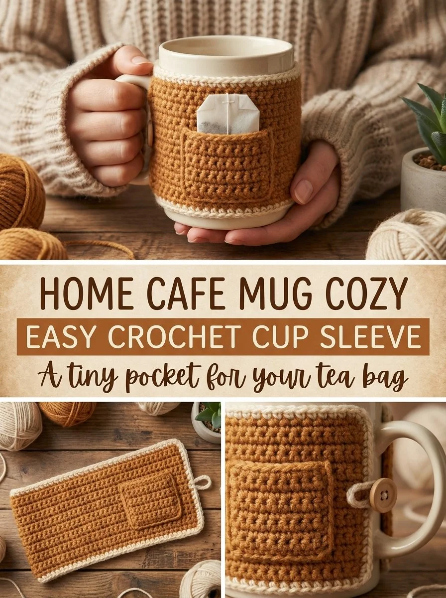 Crochet cup sleeve mug cozy with pocket for easy use.