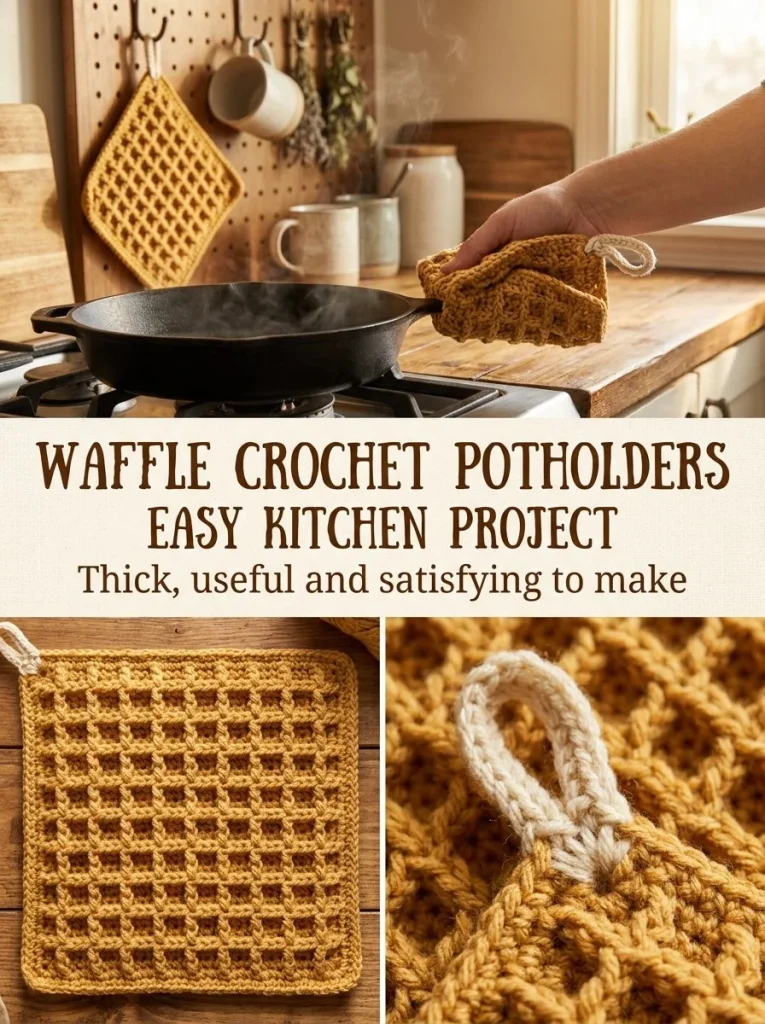 Honey Waffle crochet potholders in vibrant colors for kitchen use