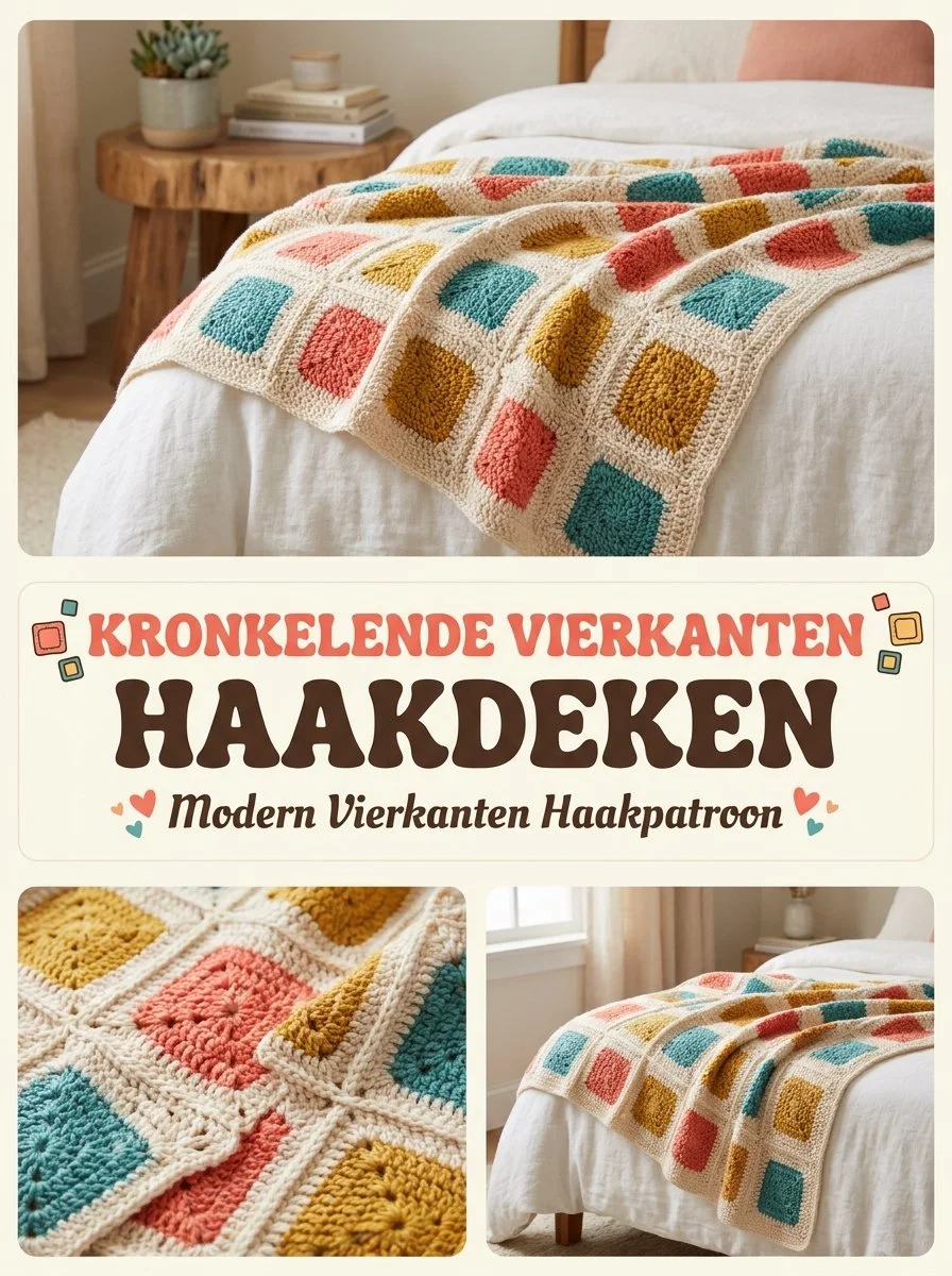 Modern crocheted vierkanten deken with a twisting square pattern