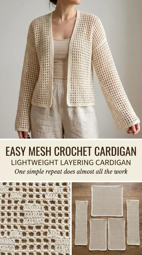 Lightweight open-mesh crochet cardigan pattern for easy layering