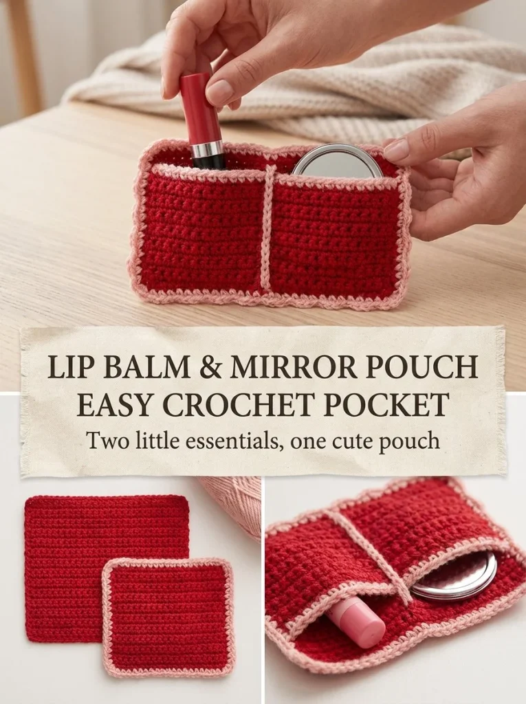 Easy-to-crochet two-section pocket pouch for lip balm and mirror