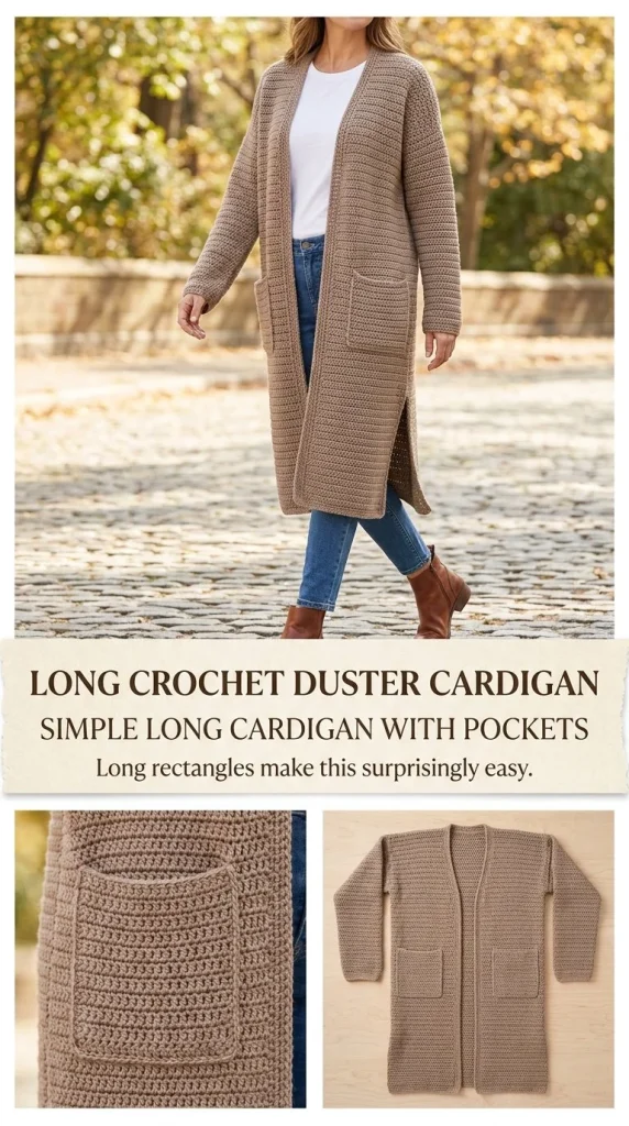 Long everyday crochet duster cardigan with pockets for stylish comfort.