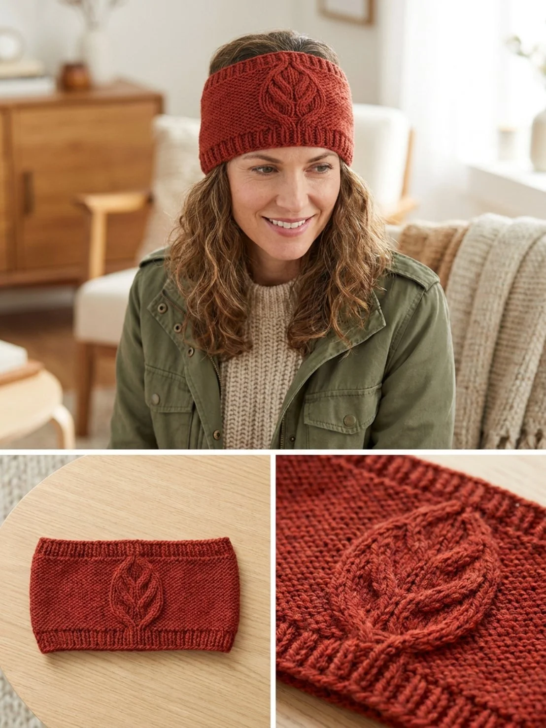 Knitted Maple Leaf Cable Ear Warmer knitting pattern for winter accessories.