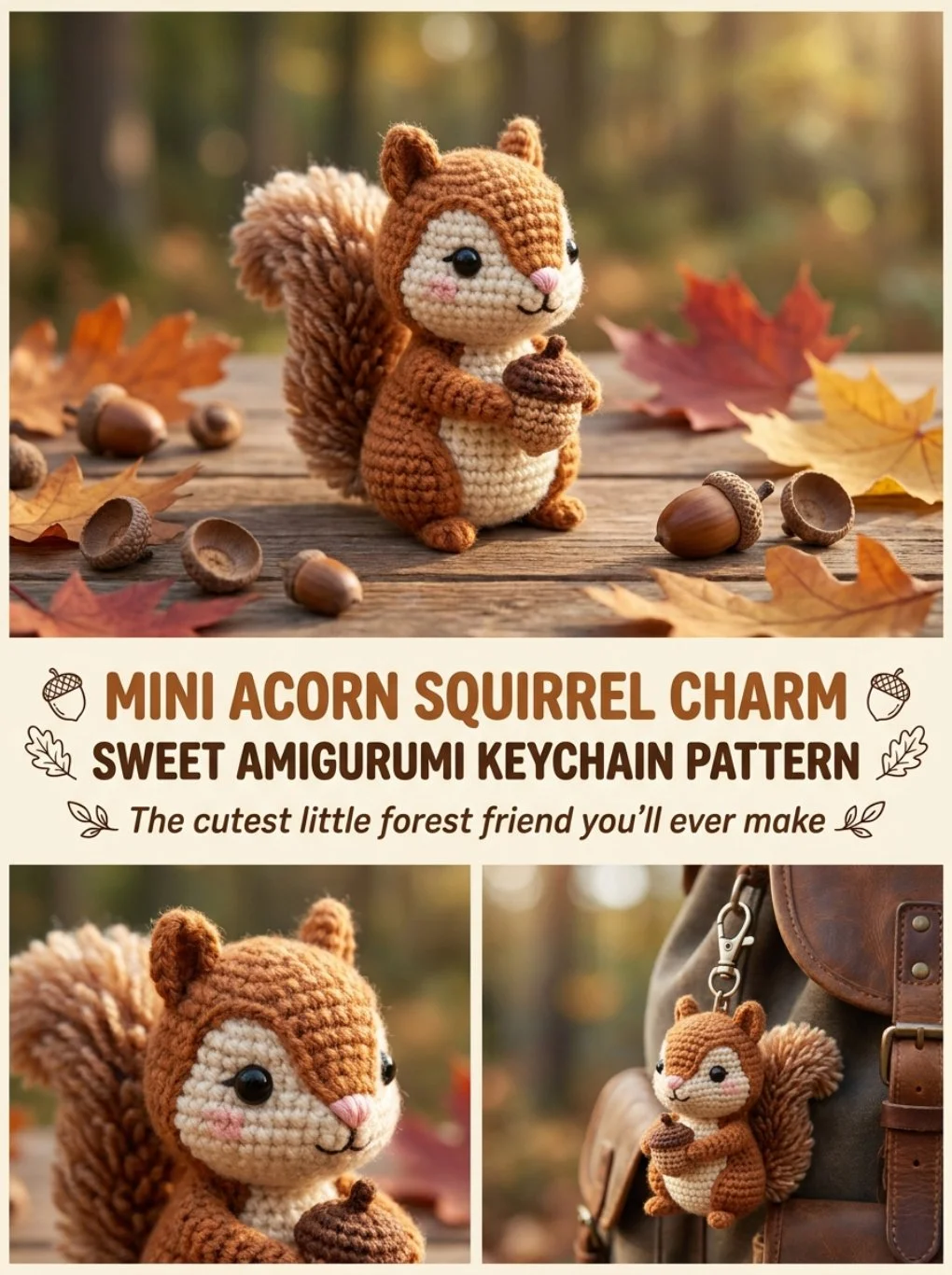 Mini acorn squirrel amigurumi charm keychain pattern for beginners