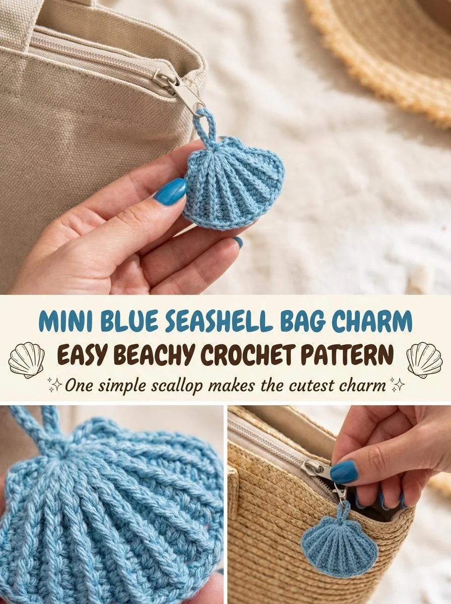 Mini Blue Seashell Bag Charm crochet design for beachy vibes