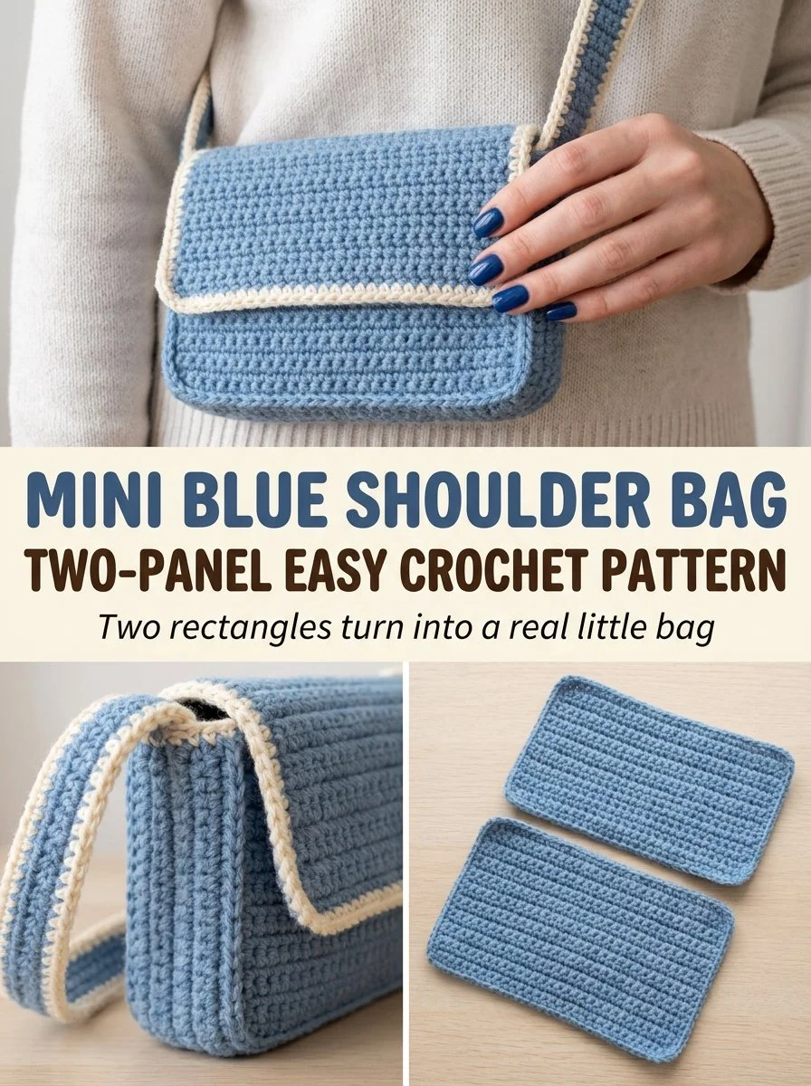 Easy two-panel crochet pattern for a mini blue shoulder bag