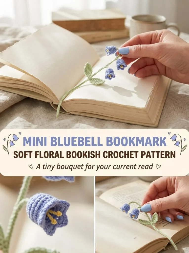 Mini Bluebell Bookmark crochet pattern featuring soft floral design for book lovers