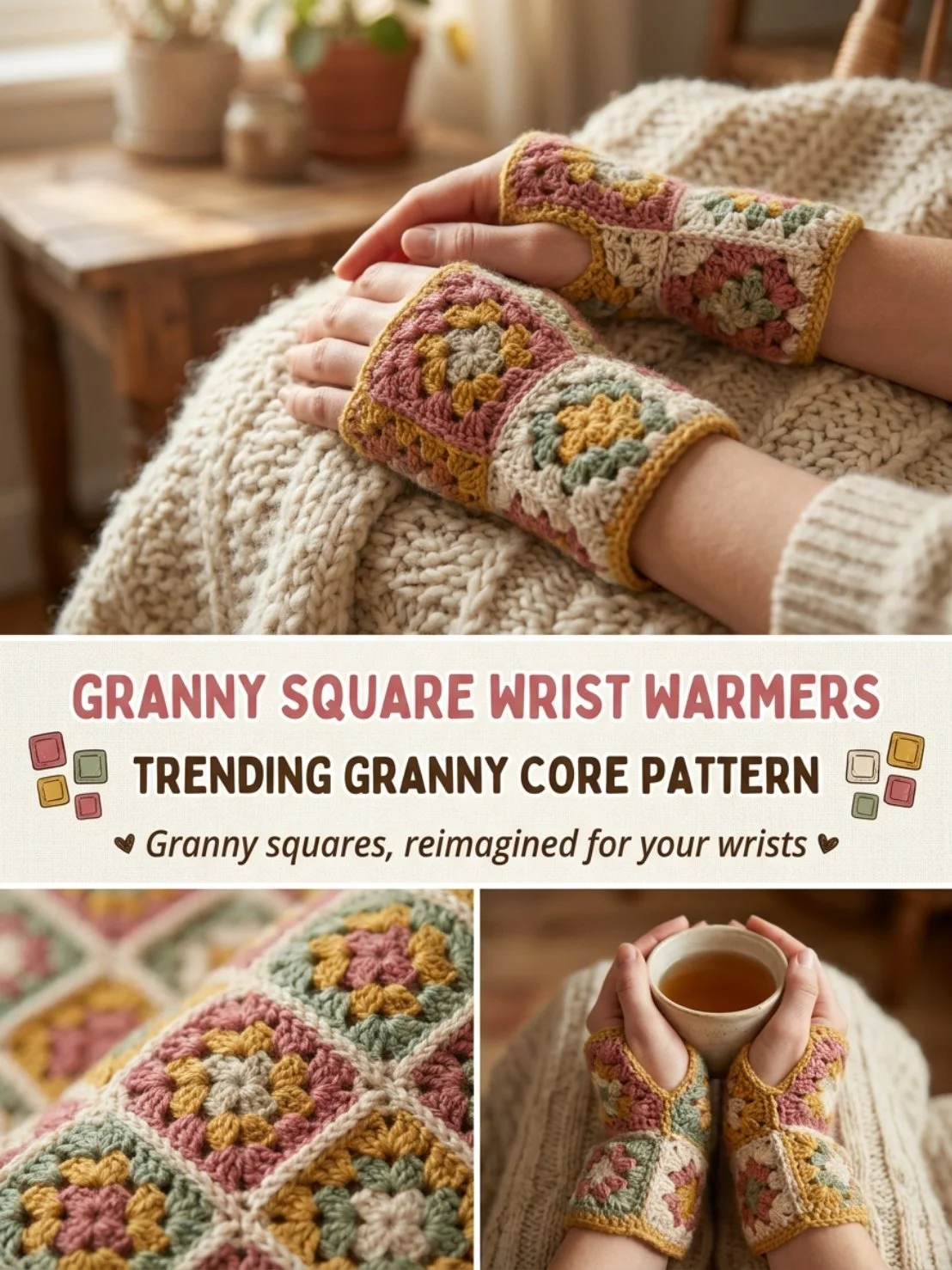 Mini Granny Square wrist warmer crochet pattern featuring colorful squares.