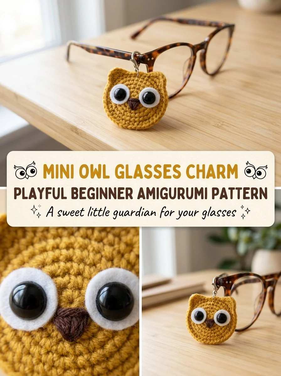 Mini owl glasses case charm amigurumi pattern for beginners