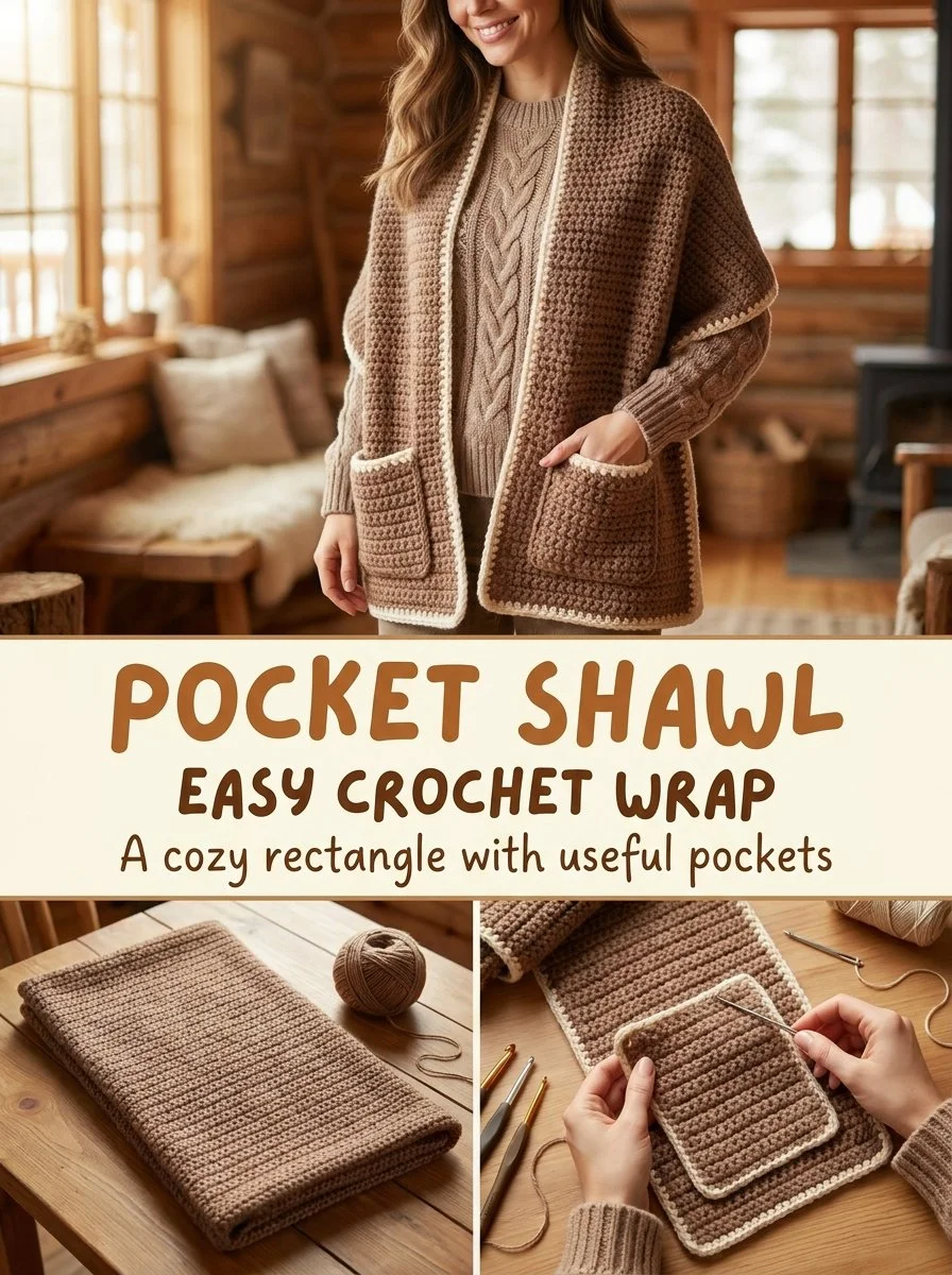 Easy crochet shawl pattern with pockets, perfect for warmth and style.
