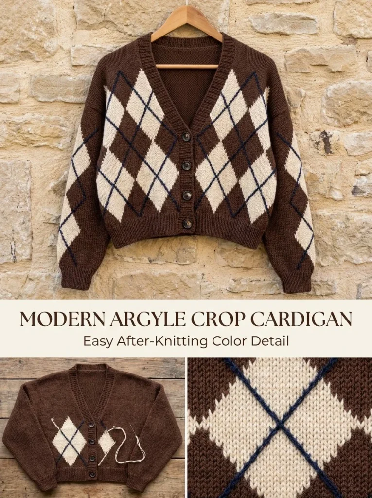 Modern Argyle Crop Cardigan featuring a stylish design and vibrant patterns