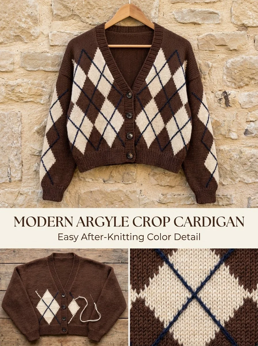 Modern Argyle Crop Cardigan featuring a stylish design and vibrant patterns