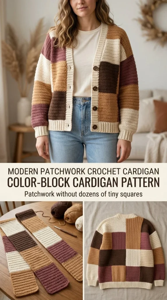 Modern patchwork button cardigan showcasing an easy color block design.