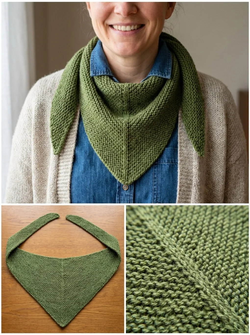 Moss-green pointed fall kerchief knitting pattern for stylish autumn wear