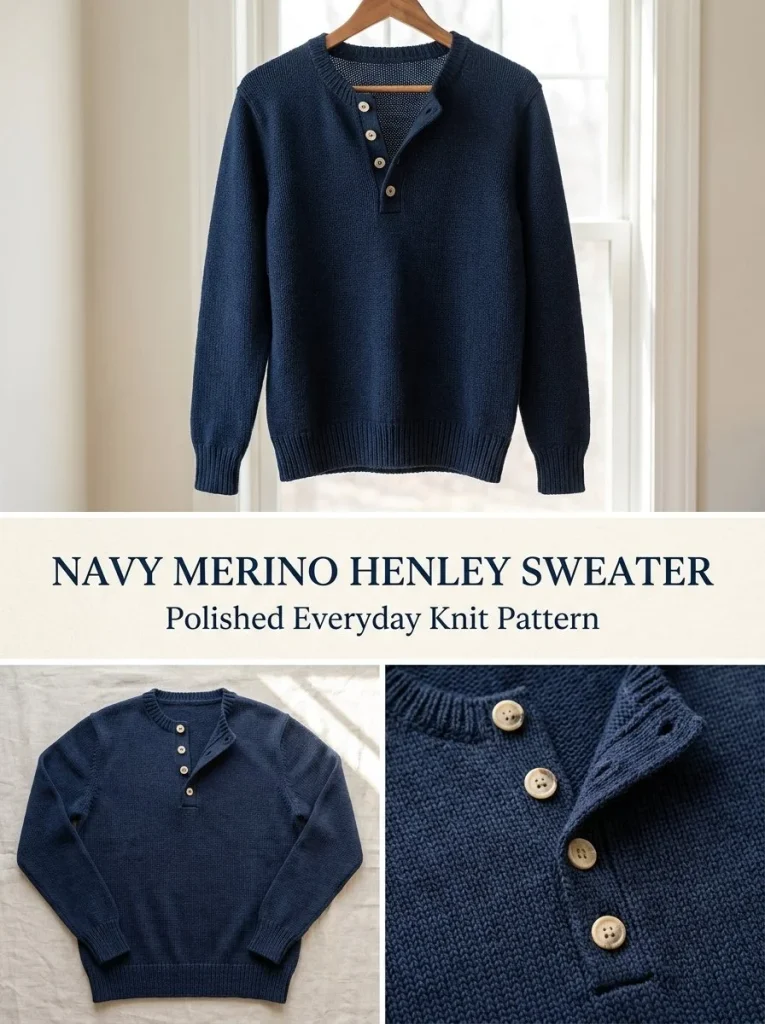 Navy Merino Henley Sweater showcased on a model