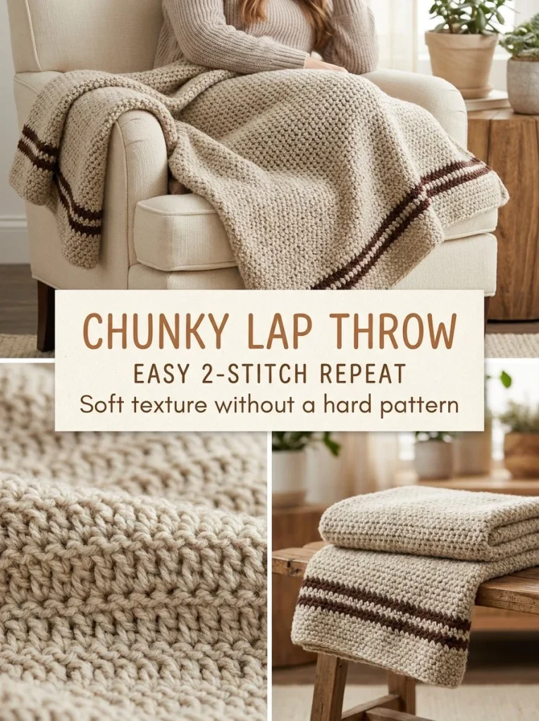 Oatmeal Chunky Lap Throw crochet blanket in a cozy setting.