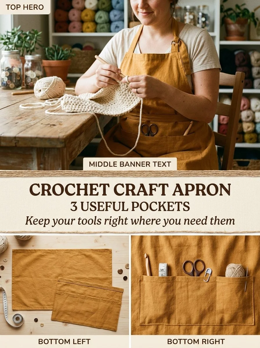 Ochre three-pocket crochet craft apron for easy crafting utility