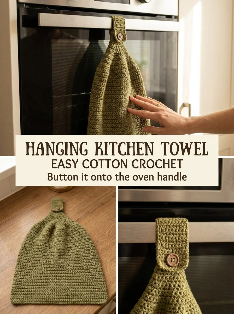 Olive hanging crochet kitchen towel with button detail, stylish and functional.
