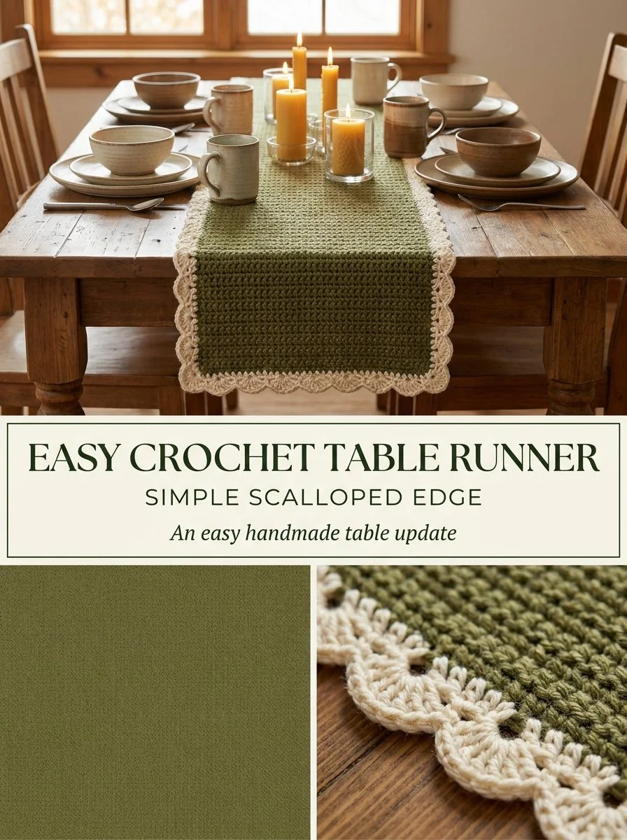 Olive scallop crochet table runner pattern for dining table decoration